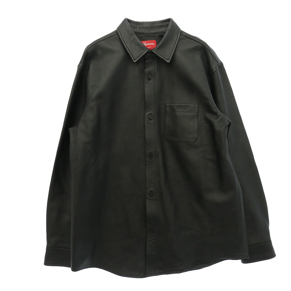 Supreme シュプリーム 21AW LEATHER SHIRT BOX LOGO ボックスロゴ 型押し レザー シャツ ブラック系 L【極上美品】【中古】