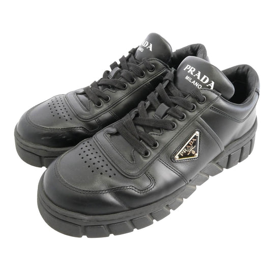 PRADA プラダ 2EE378 BLACK LEATHER SNEAKER トライアングルロゴ レザー ローカット スニーカー ブラック系 9【中古】