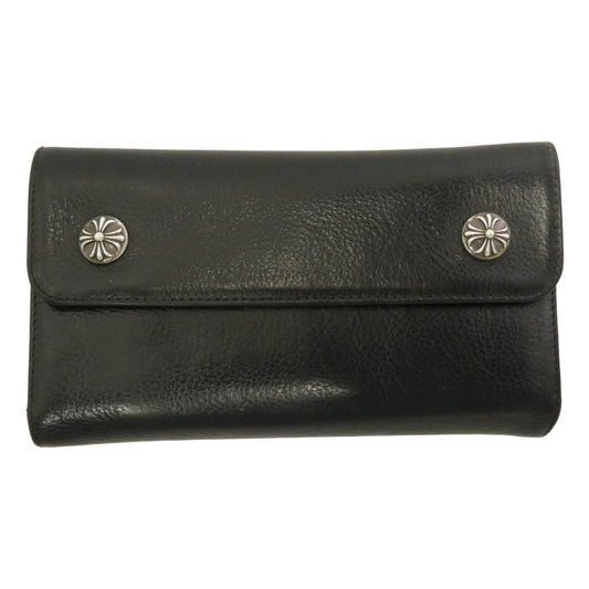 CHROME HEARTS クロムハーツ（原本有） インボイス付属 WAVE WALLET ウェーブ ウォレット クロスボールボタン ダガージップ レザー 長財布 ブラック系 シルバー系【中古】