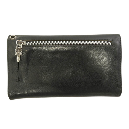 CHROME HEARTS クロムハーツ（原本有） インボイス付属 WAVE WALLET ウェーブ ウォレット クロスボールボタン ダガージップ レザー 長財布 ブラック系 シルバー系【中古】