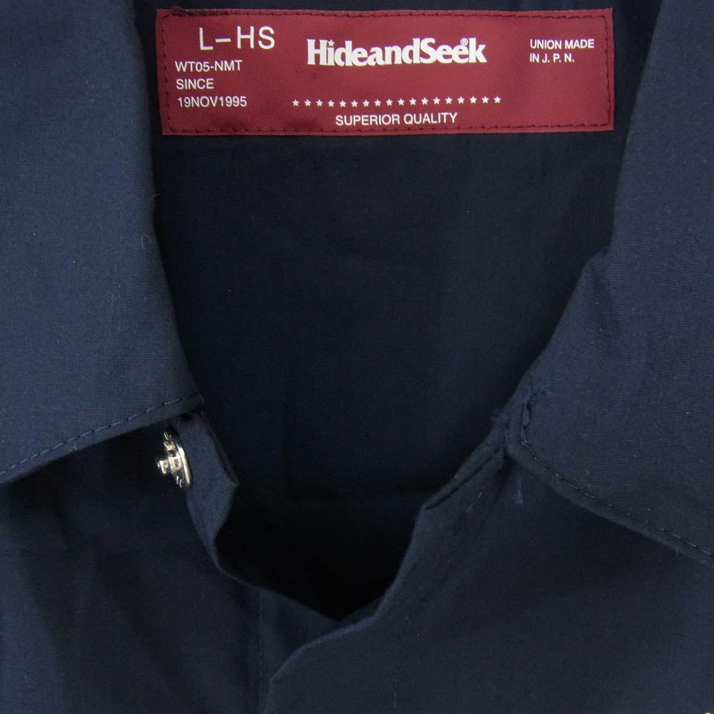 HideandSeek ハイドアンドシーク HS-07016 ロゴ プリント オープンカラー スナップボタン 半袖 開襟 ポケット シャツ ネイビー系 L【中古】