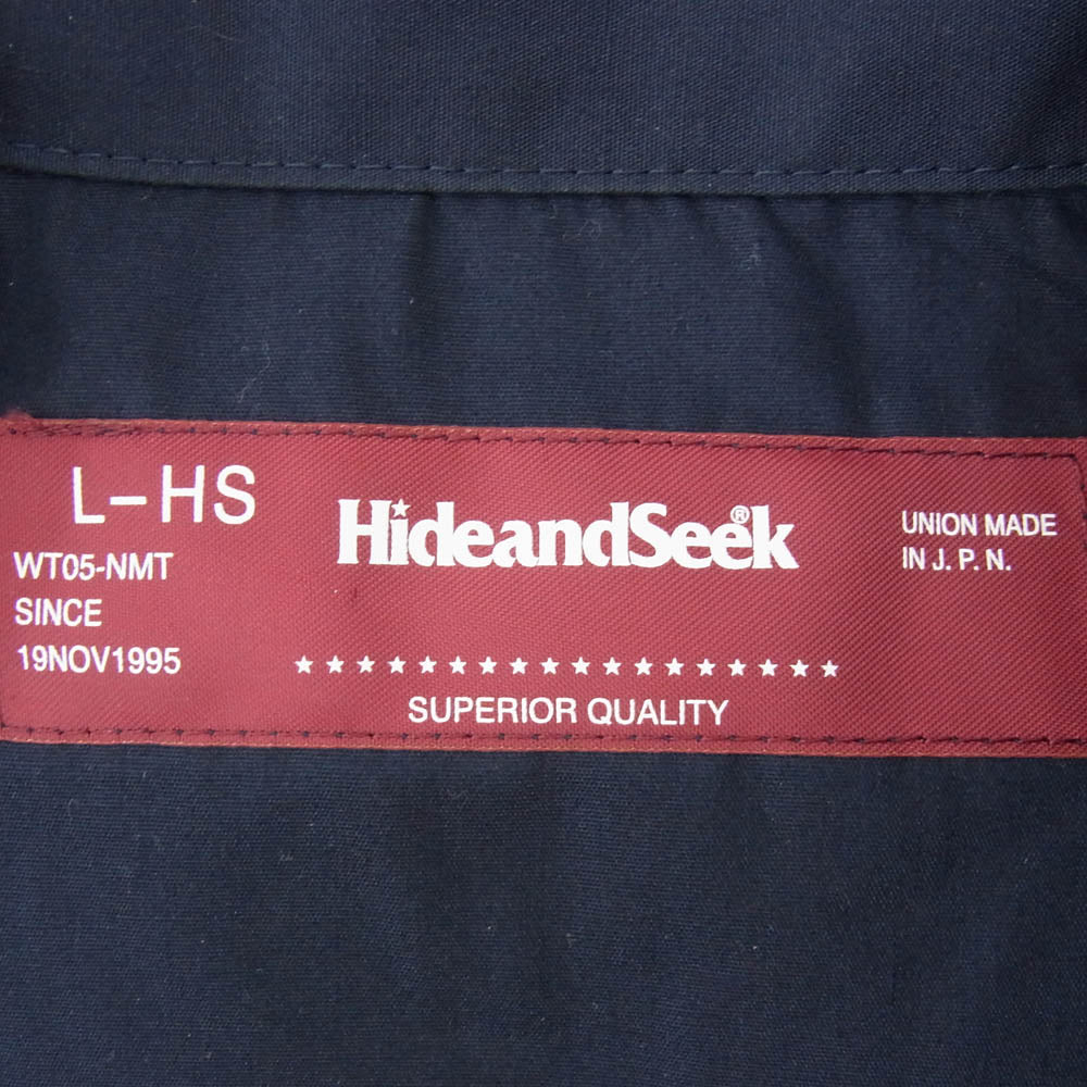 HideandSeek ハイドアンドシーク HS-07016 ロゴ プリント オープンカラー スナップボタン 半袖 開襟 ポケット シャツ ネイビー系 L【中古】