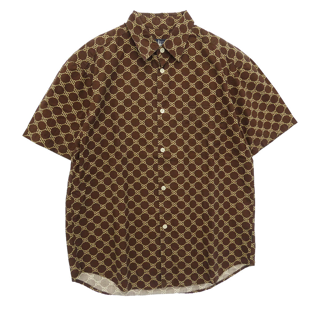 STUSSY ステューシー 90s 紺タグ OLD オールド モノグラム 総柄 半袖 シャツ ブラウン系 S【中古】