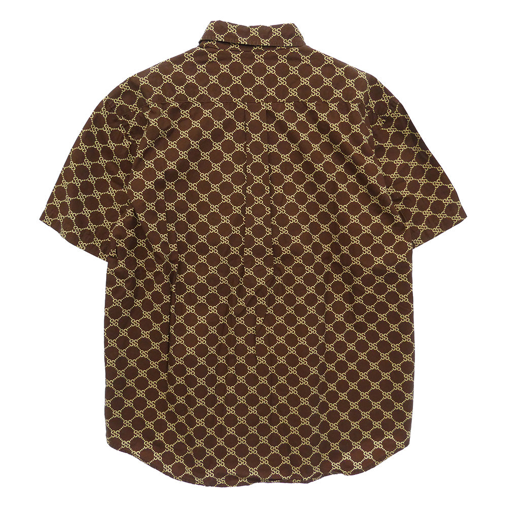 STUSSY ステューシー 90s 紺タグ OLD オールド モノグラム 総柄 半袖 シャツ ブラウン系 S【中古】