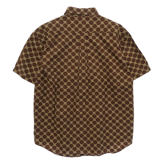 STUSSY ステューシー 90s 紺タグ OLD オールド モノグラム 総柄 半袖 シャツ ブラウン系 S【中古】