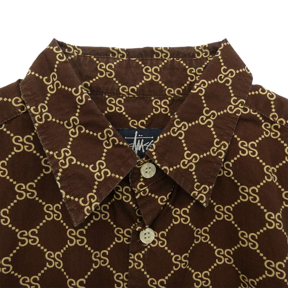 STUSSY ステューシー 90s 紺タグ OLD オールド モノグラム 総柄 半袖 シャツ ブラウン系 S【中古】