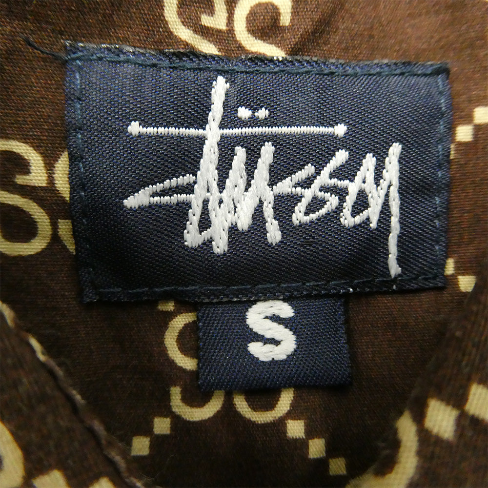 STUSSY ステューシー 90s 紺タグ OLD オールド モノグラム 総柄 半袖 シャツ ブラウン系 S【中古】