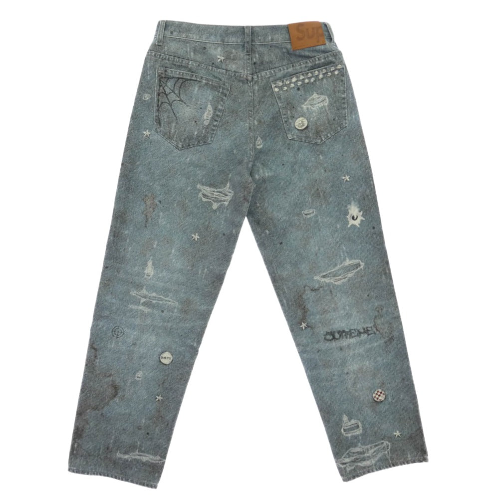 Supreme シュプリーム 24AW HJR Trompe L'oeil Loose Fit Jean ダメージプリント トロンプルイユ ルーズフィット ジーンズ デニム パンツ ライトブルー系 マルチカラー系 W30【中古】