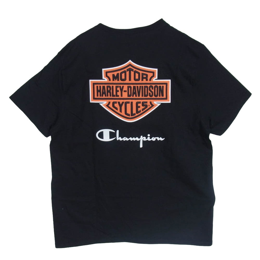 HARLEY DAVIDSON ハーレーダビッドソン Champion チャンピオン Champion チャンピオン Wネーム ロゴプリント バックロゴワッペン クルーネック 半袖 Tシャツ ブラック系 XL【美品】【中古】