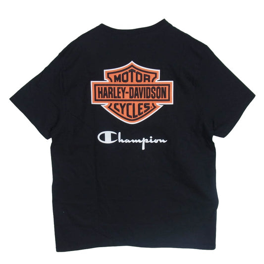 HARLEY DAVIDSON ハーレーダビッドソン Champion チャンピオン Champion チャンピオン Wネーム ロゴプリント バックロゴワッペン クルーネック 半袖 Tシャツ ブラック系 XL【美品】【中古】