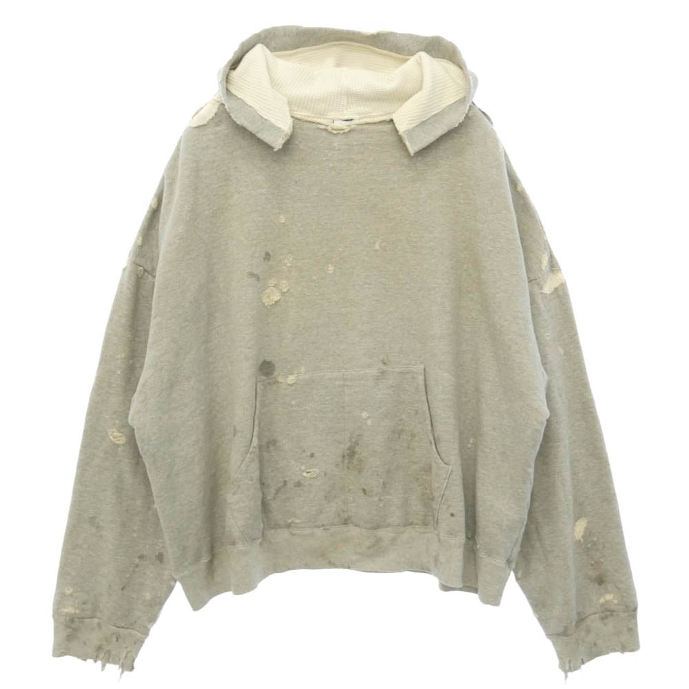 READY MADE レディメイド RE-CO-GY-00-00-284 DOUBLE FACE HOODIE ダブルフェイス 裏地サーマル ダメージ加工 フーディー パーカー グレー系 L【中古】
