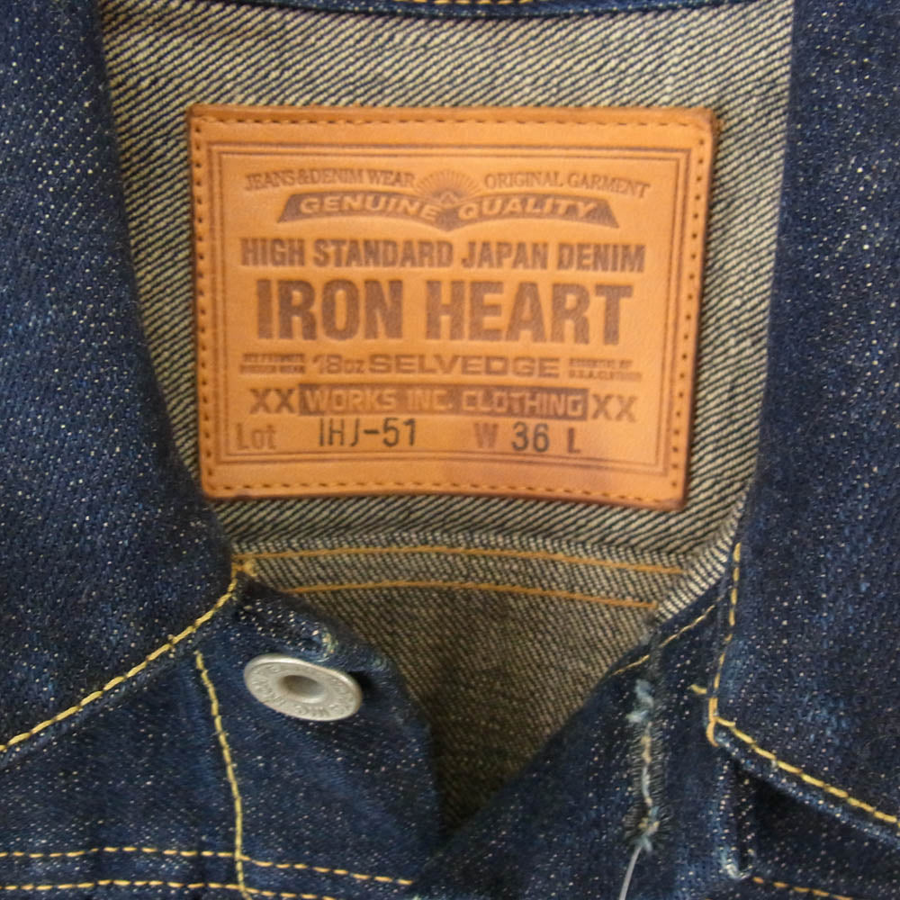 IRON HEART アイアンハート IHJ-51 18oz type 2nd セカンドタイプ セルビッチ 赤耳 デニム ジャケット インディゴブルー系 36【中古】