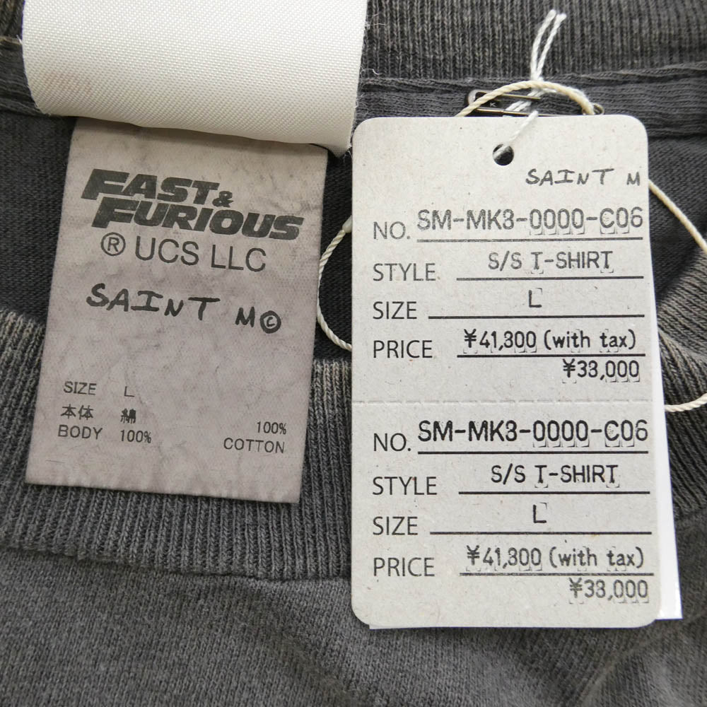 SAINT MICHAEL セントマイケル 26SS SM-MK8-0000-C06 x FAST FURIOUS ワイルドスピード FF_SS T-SHIRT ヴィンテージ加工 半袖 Tシャツ グレー系 L【極上美品】【中古】