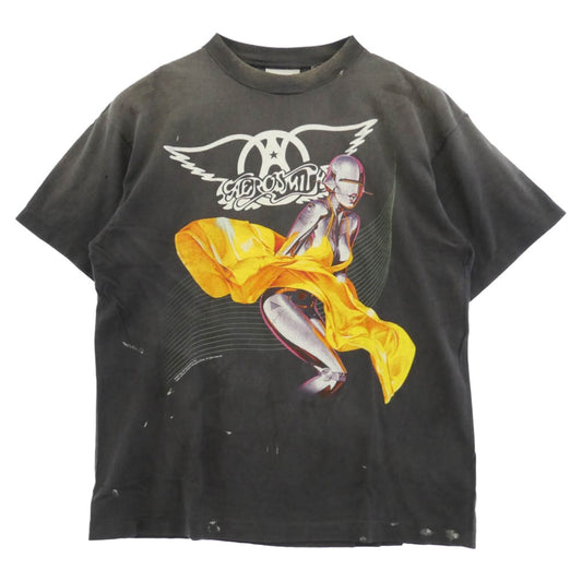 SAINT MICHAEL セントマイケル 26SS SM-MK8-0000-C25 x AEROSMITH エアロスミス JUST PUSH PLAY TOUR AS_SS T-SHIRT プリント ヴィンテージ加工 半袖 Tシャツ ダークグレー系 M【極上美品】【中古】