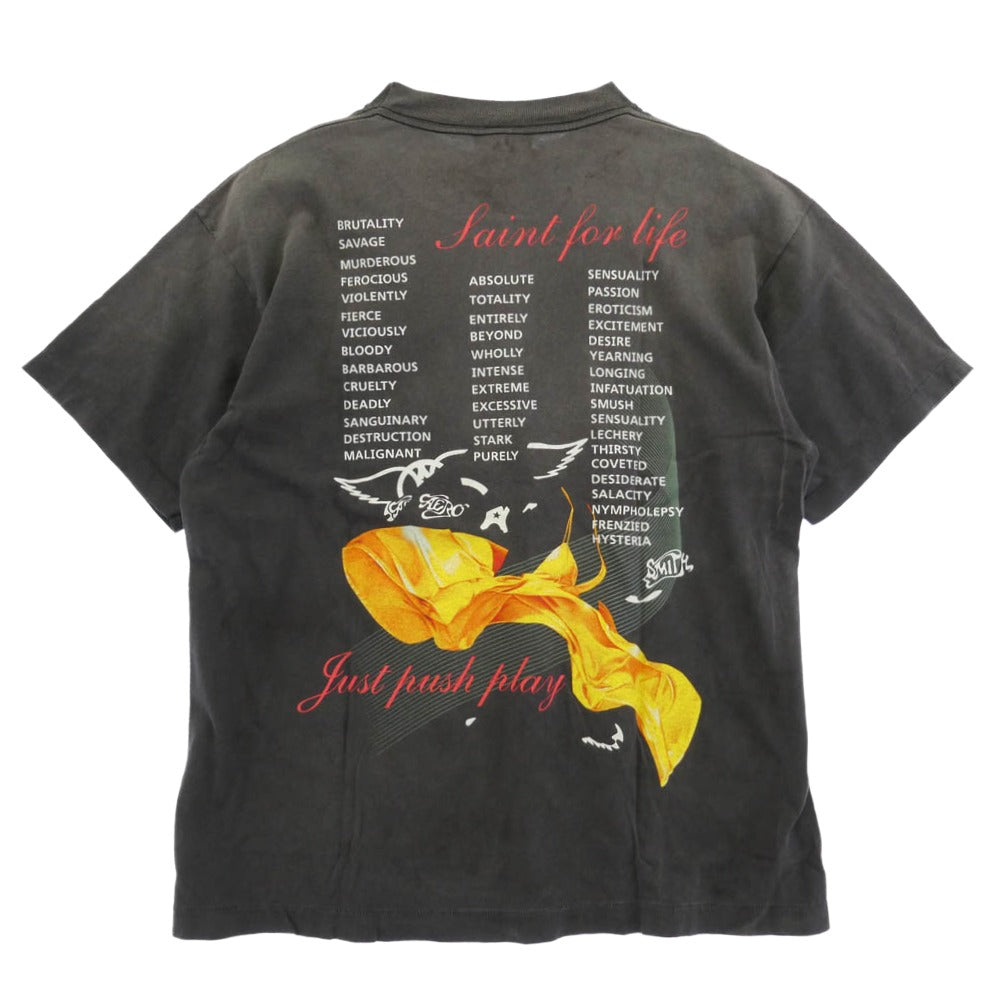 SAINT MICHAEL セントマイケル 26SS SM-MK8-0000-C25 x AEROSMITH エアロスミス JUST PUSH PLAY TOUR AS_SS T-SHIRT プリント ヴィンテージ加工 半袖 Tシャツ ダークグレー系 M【極上美品】【中古】
