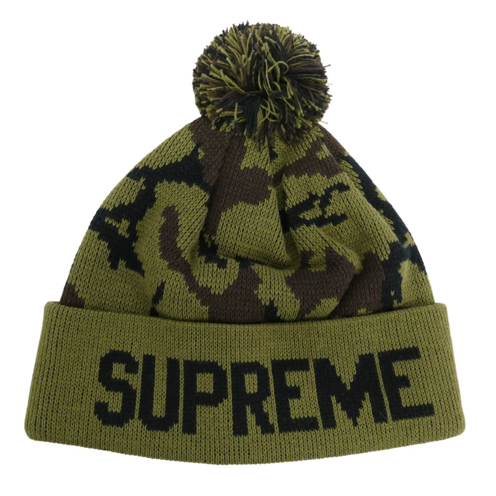 Supreme シュプリーム 12AW Camo Beanie カモ柄 ポンポン付 ビーニー カモフラ ウッドランドカモ ニット キャップ 帽子 カーキ系【美品】【中古】