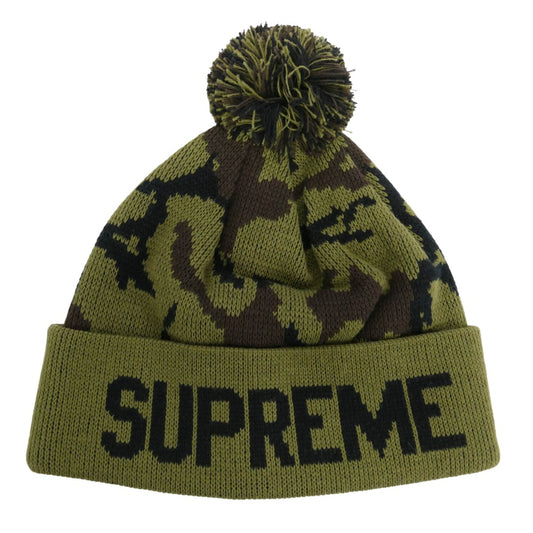 Supreme シュプリーム 12AW Camo Beanie カモ柄 ポンポン付 ビーニー カモフラ ウッドランドカモ ニット キャップ 帽子 カーキ系【美品】【中古】
