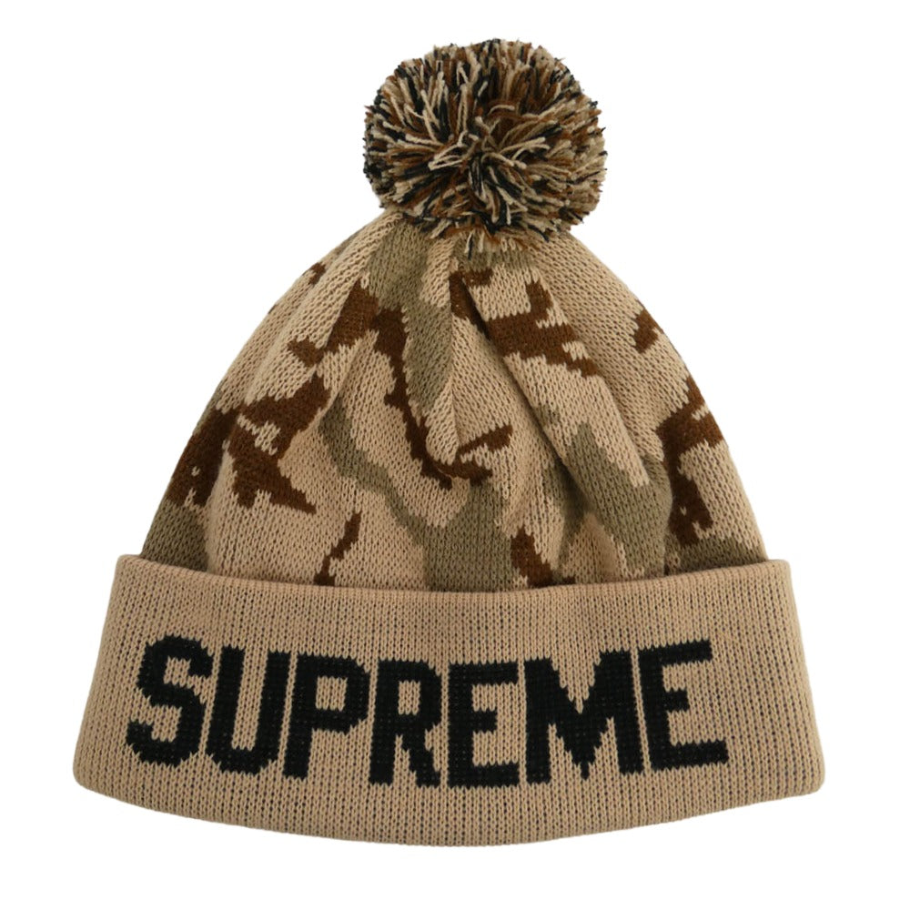 Supreme シュプリーム 12AW Camo Beanie カモ柄 ポンポン付 カフ ビーニー カモフラ デザートカモ ニット キャップ 帽子 ブラウン系【美品】【中古】