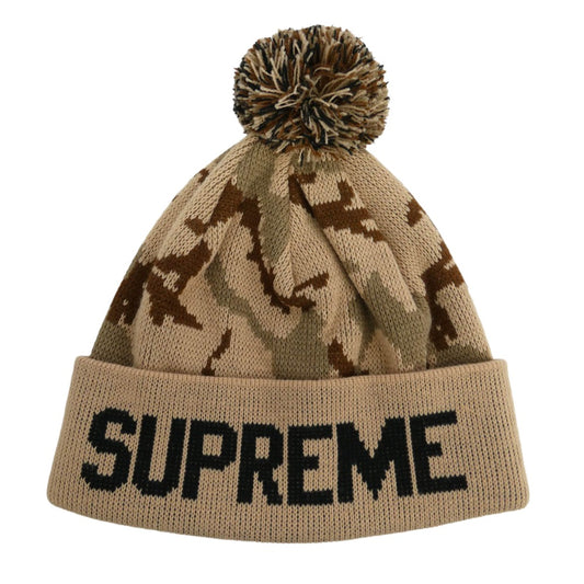 Supreme シュプリーム 12AW Camo Beanie カモ柄 ポンポン付 カフ ビーニー カモフラ デザートカモ ニット キャップ 帽子 ブラウン系【美品】【中古】