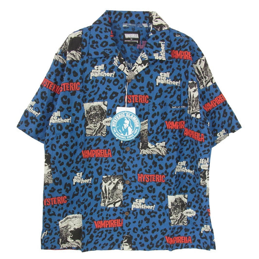 HYSTERIC GLAMOUR ヒステリックグラマー 02261AH17 VAMPIRELLA CALL ME PANTHER柄 オープンカラー 半袖 シャツ ブルー系 L【新古品】【未使用】【中古】