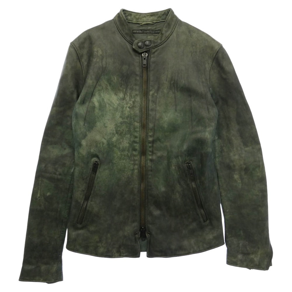 ノーノーイエス Leather Tailor Tokyo むら染め 牛革 ステアハイド カウレザー テイラー トウキョウ シングルライダース ジャケット モスグリーン系 S【中古】