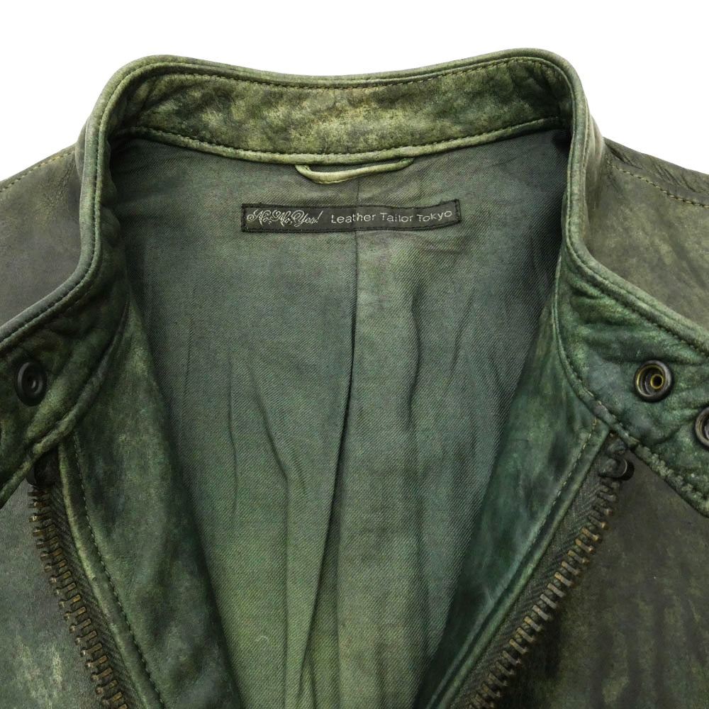 ノーノーイエス Leather Tailor Tokyo むら染め 牛革 ステアハイド カウレザー テイラー トウキョウ シングルライダース ジャケット モスグリーン系 S【中古】