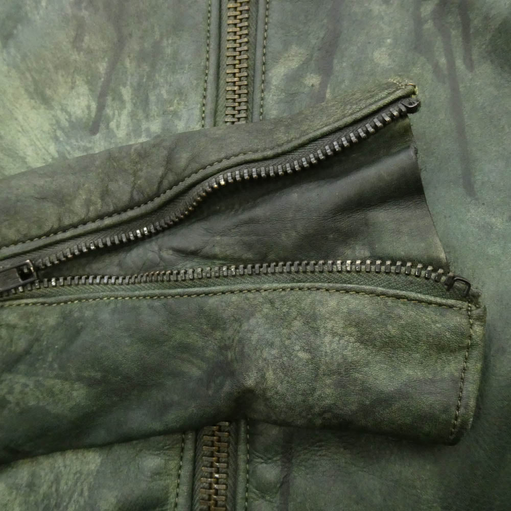 ノーノーイエス Leather Tailor Tokyo むら染め 牛革 ステアハイド カウレザー テイラー トウキョウ シングルライダース ジャケット モスグリーン系 S【中古】