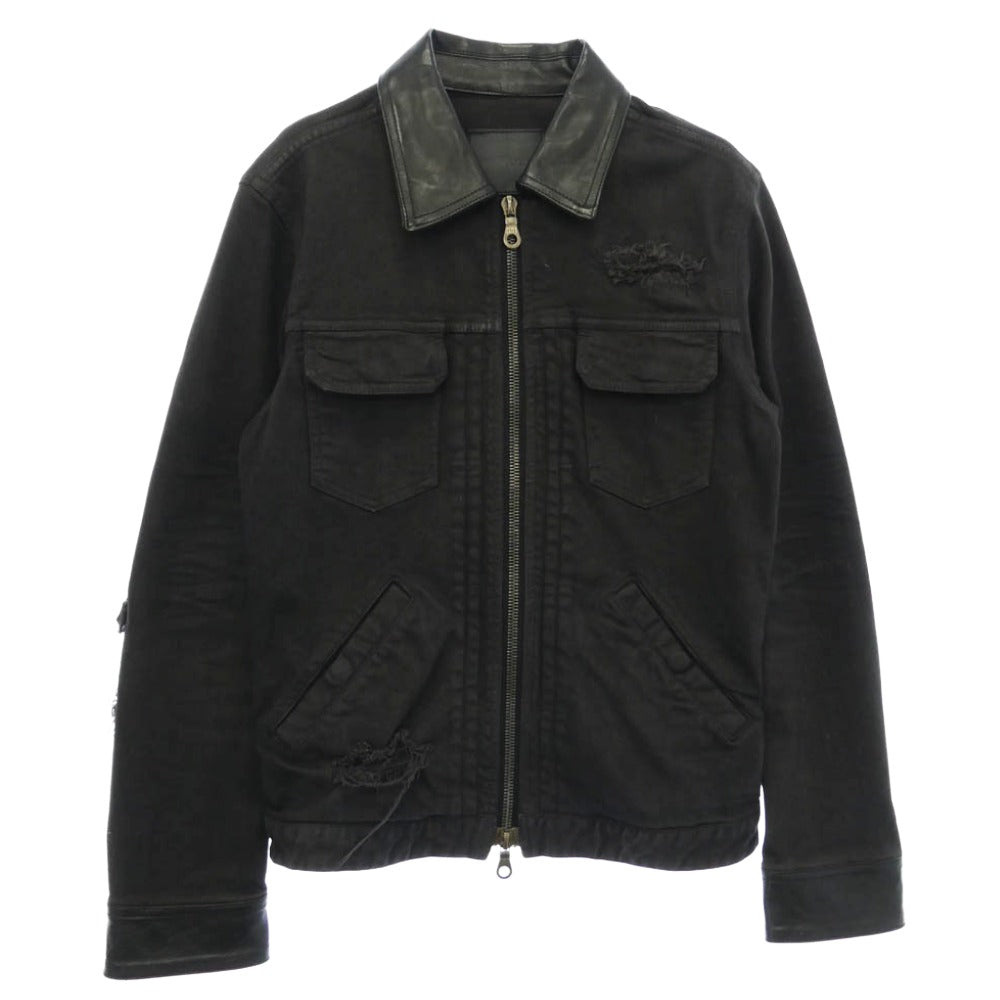ISAMUKATAYAMA BACKLASH イサムカタヤマバックラッシュ ダメージ加工 牛革 カウレザー 切替 デニム ジップアップ ジャケット ブラック系 M【中古】