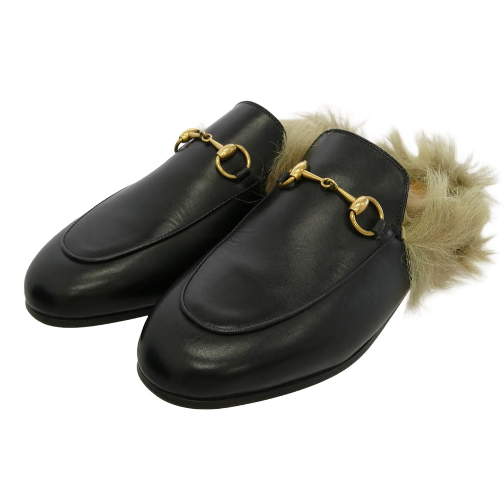 GUCCI グッチ プリンスタウン ホースビット ミュール レザー ファー ウィメンズ サンダル ブラック系 35【極上美品】【中古】