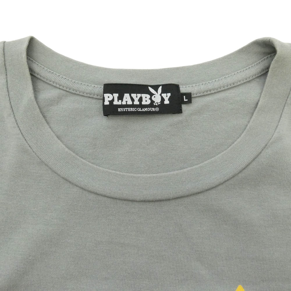 HYSTERIC GLAMOUR ヒステリックグラマー PLAYBOY プレイボーイ 18SS 12181CT03 × PLAYBOY ASHLEY SMITH プレイボーイ アシュリー スミス フロント プリント 半袖 Tシャツ カットソー グレー系 L【中古】