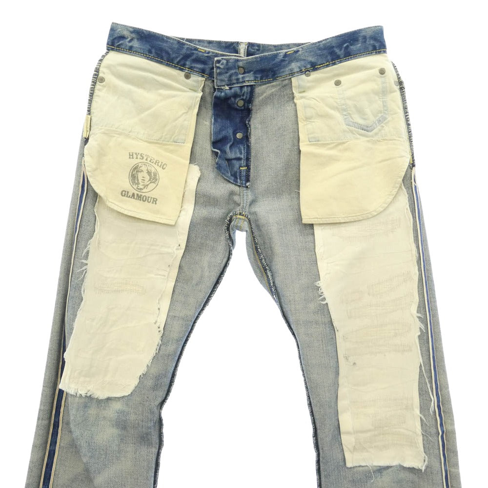 HYSTERIC GLAMOUR ヒステリックグラマー 23SS 0232AP10 ECR加工 スタッズ ロゴパッチ ダメージ デニムパンツ インディゴブルー系 32【中古】