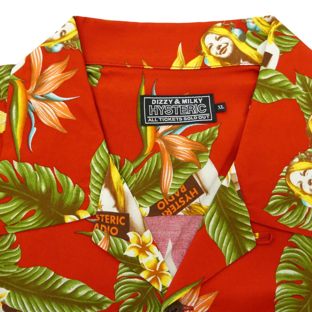 HYSTERIC GLAMOUR ヒステリックグラマー 25SS 02251AH11 DIZZY & MILKY TROPICCHANNEL ディジー ミルキー トロピックチャンネル アロハ ハワイアン オープンカラー 開襟 半袖 総柄 シャツ レッド系 XL【新古品】【未使用】【中古】