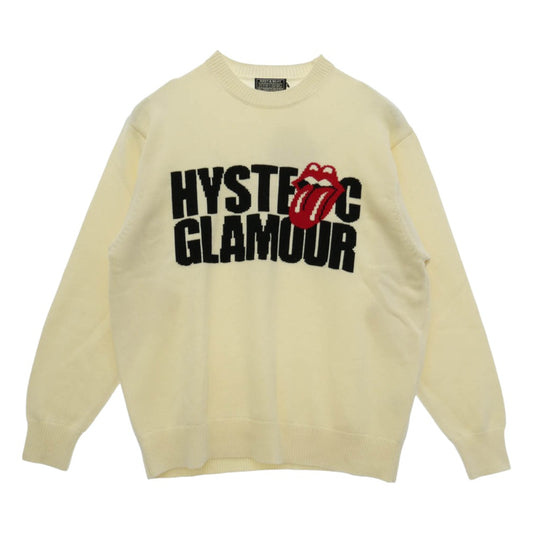 HYSTERIC GLAMOUR ヒステリックグラマー 24AW 02243NS16400 × THE ROLLING STONES HYSTERIC LOGO TONGUE ザ ローリング ストーンズ ヒステリック ロゴ フロント 編込 セーター ニット オフホワイト系 L【極上美品】【中古】