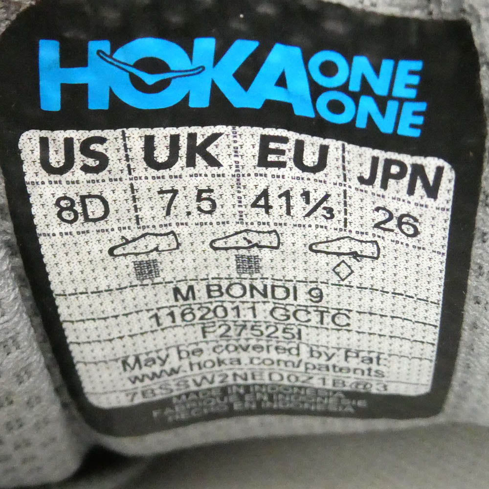 HOKA ONE ONE ホカ オネオネ 1162011 Bondi 9 ボンダイ9 ランニングシューズ ローカットスニーカー グレー系 ホワイト系 26cm【中古】