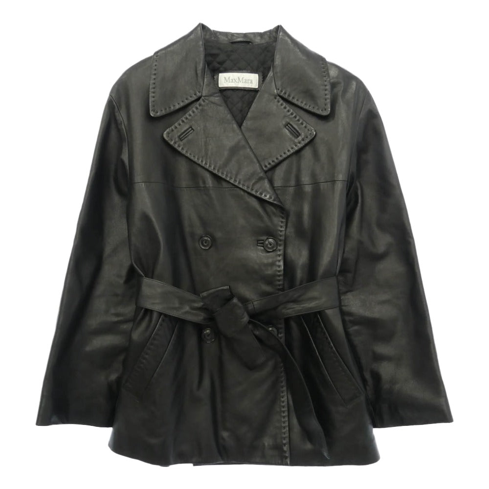 MAX MARA マックスマーラ 白タグ イタリア製 本革 レザー ショート トレンチ ハーフコート ブラック系 40【中古】