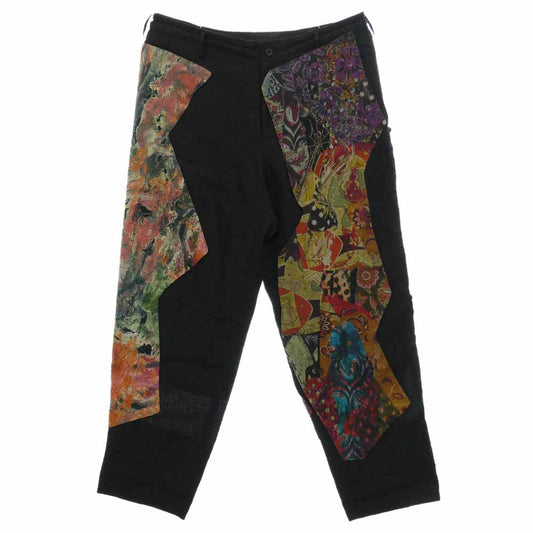 Yohji Yamamoto POUR HOMME ヨウジヤマモトプールオム 23SS HZ-P68-308 BELGIUM FLAX Y-PATCHWORK P.L パッチワーク リネン ワイド紐パンツ ブラック系 4【中古】