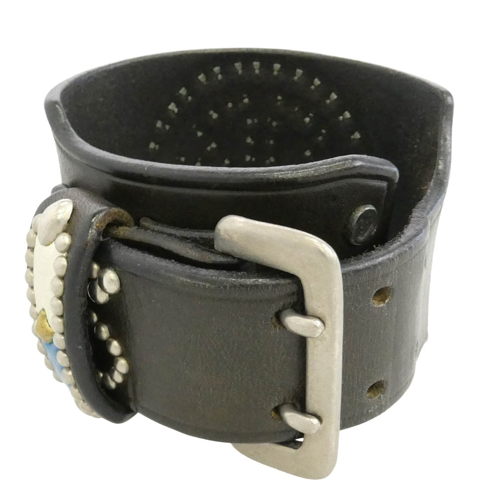 STOPLIGHT ストップライト シルバーメタル付き ピースマーク スタッズ レザー ブレスレット ダークブラウン系【中古】