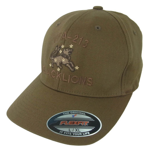 アメリカ海軍 VFA-213 BLACK LIONS CAP 第213戦闘攻撃飛行隊 6パネル キャップ 帽子 FLEX FIT カーキ系 ブラウン系 L - XL【美品】【中古】