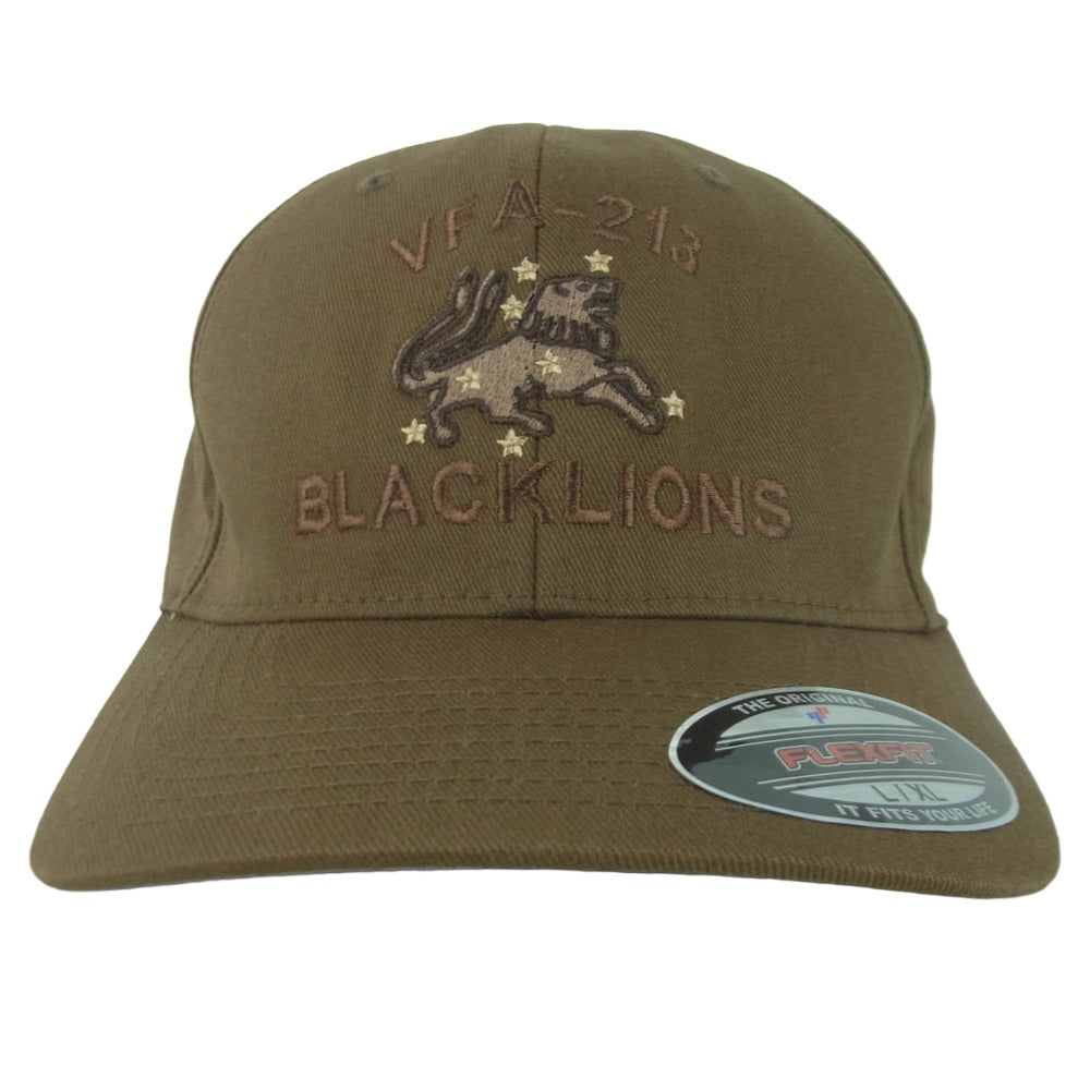 アメリカ海軍 VFA-213 BLACK LIONS CAP 第213戦闘攻撃飛行隊 6パネル キャップ 帽子 FLEX FIT カーキ系 ブラウン系 L - XL【美品】【中古】