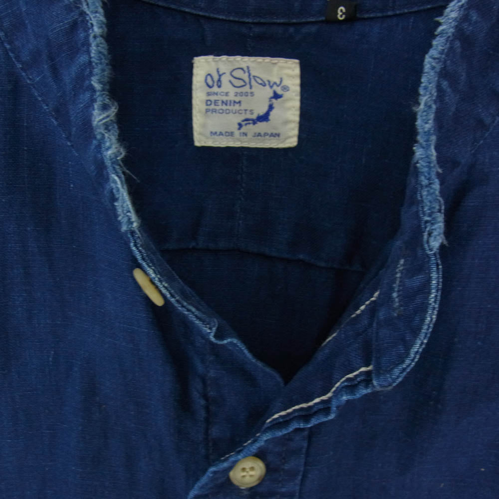 orSlow オアスロウ リネン スタンドカラー ルーズ シルエット 長袖 シャツ インディゴブルー系 3【中古】