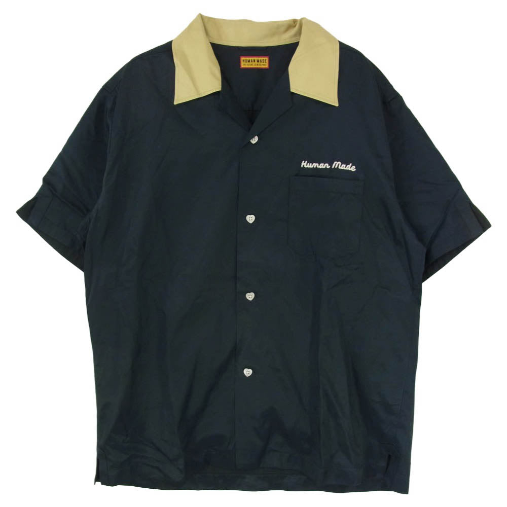 HUMAN MADE ヒューマンメイド 25SS HM29SH021 BOWLING S/S SHIRT チェーンステッチ ハート ロゴ 刺繍 レーヨン コットン 半袖 ボーリング シャツ ダークネイビー系 XL【中古】