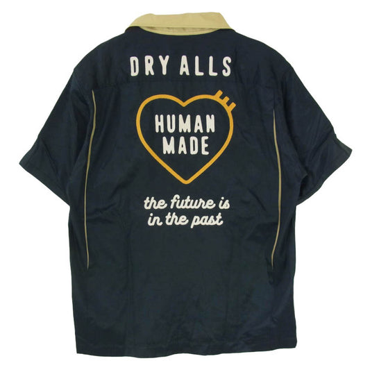HUMAN MADE ヒューマンメイド 25SS HM29SH021 BOWLING S/S SHIRT チェーンステッチ ハート ロゴ 刺繍 レーヨン コットン 半袖 ボーリング シャツ ダークネイビー系 XL【中古】