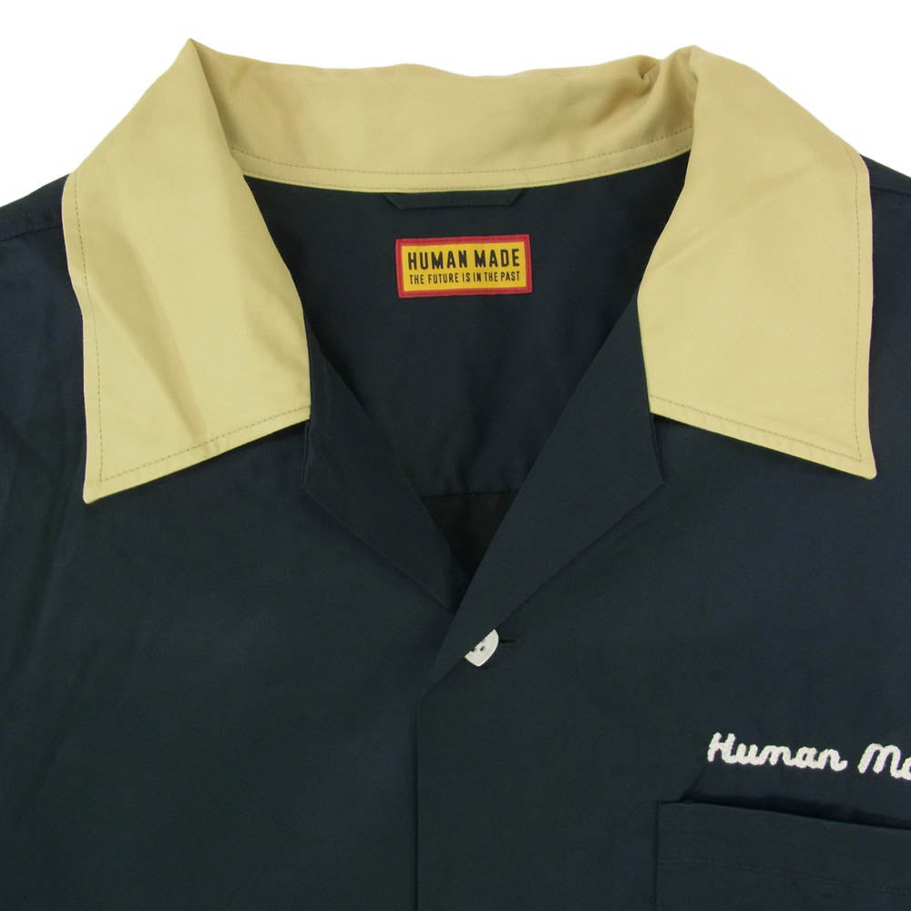 HUMAN MADE ヒューマンメイド 25SS HM29SH021 BOWLING S/S SHIRT チェーンステッチ ハート ロゴ 刺繍 レーヨン コットン 半袖 ボーリング シャツ ダークネイビー系 XL【中古】