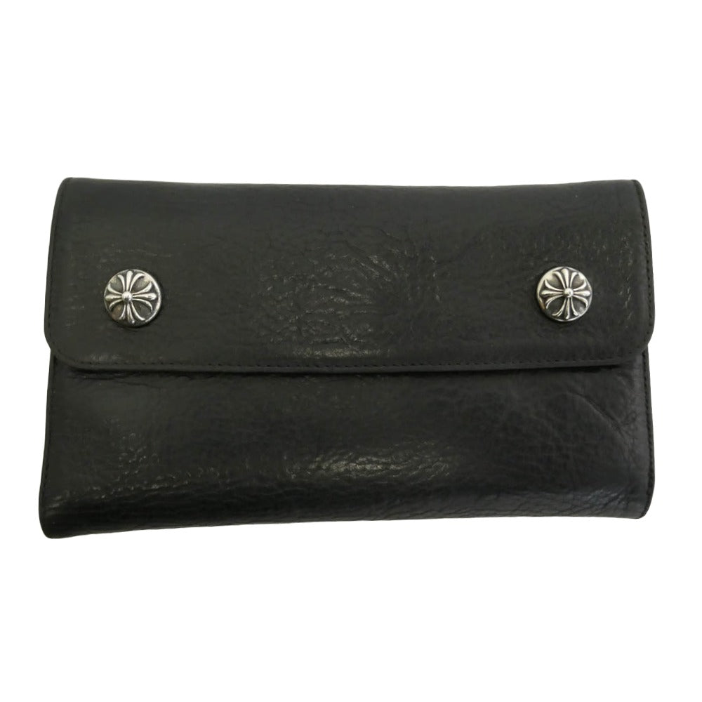 CHROME HEARTS クロムハーツ（原本無） WAVE CROSS BALL ウェーブ クロスボールボタン レザー ウォレット 財布 ブラック系【中古】