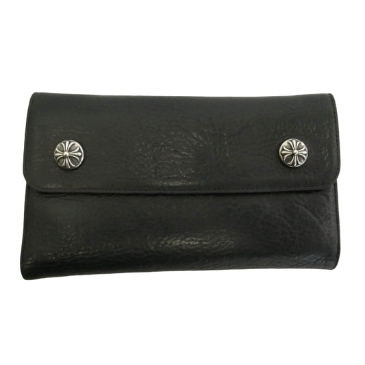 CHROME HEARTS クロムハーツ（原本無） WAVE CROSS BALL ウェーブ クロスボールボタン レザー ウォレット 財布 ブラック系【中古】