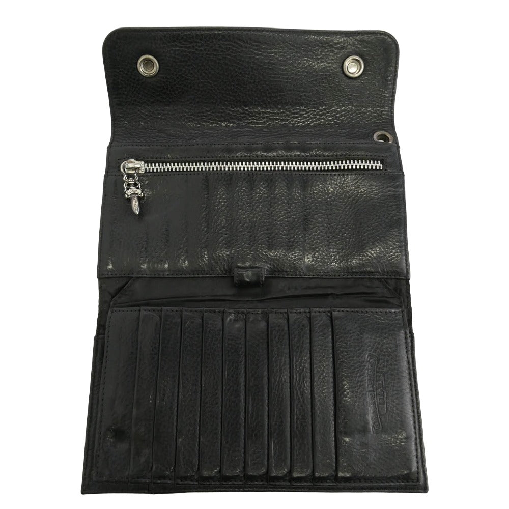 CHROME HEARTS クロムハーツ（原本無） WAVE CROSS BALL ウェーブ クロスボールボタン レザー ウォレット 財布 ブラック系【中古】