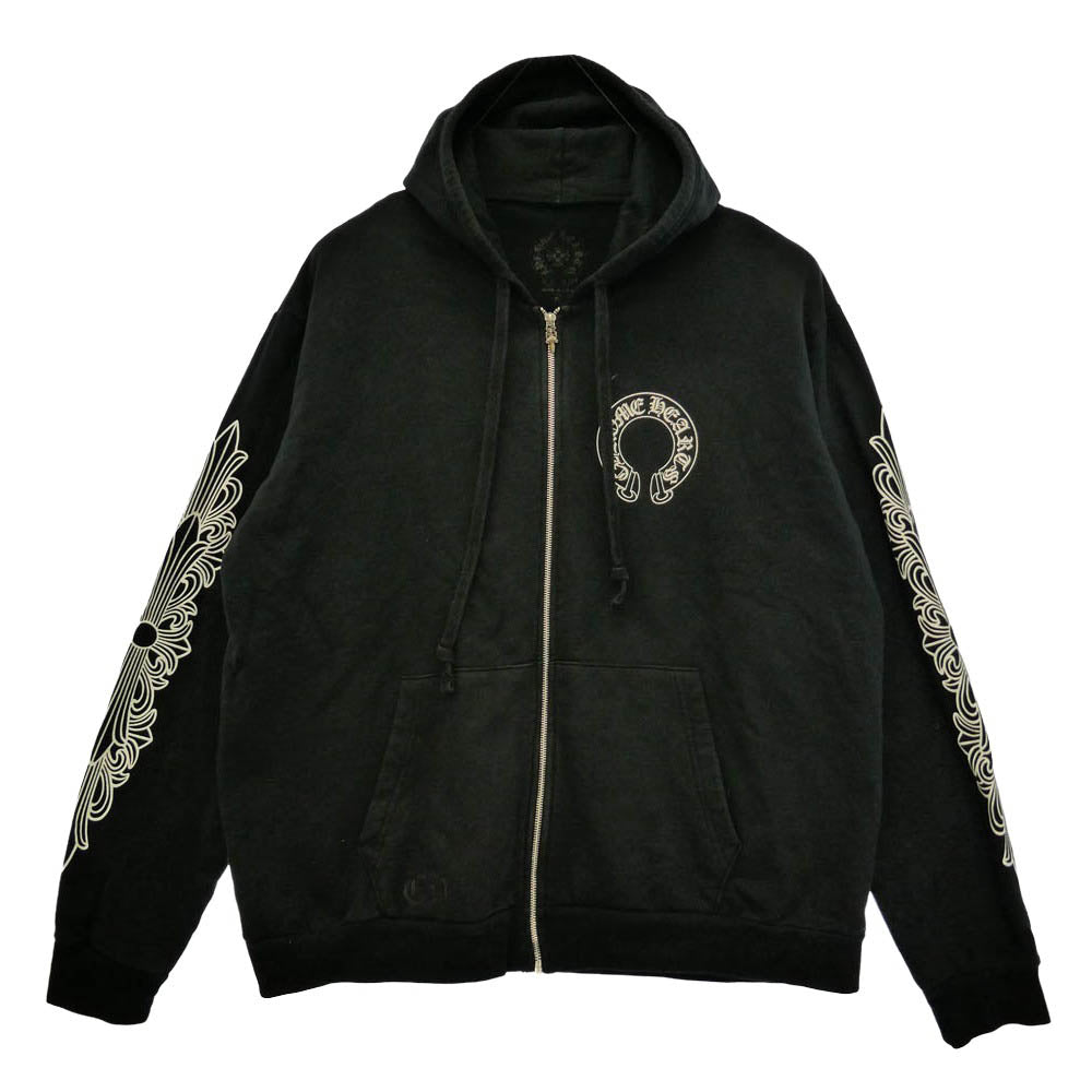 CHROME HEARTS クロムハーツ（原本無） SWTSHRT HD ZIP 袖フローラル バックホースシュー ダガージップ パーカー フーディー ブラック系 XL【中古】