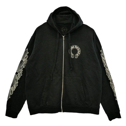 CHROME HEARTS クロムハーツ（原本無） SWTSHRT HD ZIP 袖フローラル バックホースシュー ダガージップ パーカー フーディー ブラック系 XL【中古】