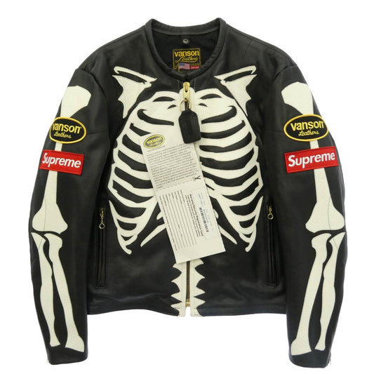Supreme シュプリーム VANSON バンソン 17AW × vanson Leather Bones Jacket 【フェイクバスターズ鑑定済】USA製 ワングラム期 バンソン レザー ボーン ジャケット シングル ライダース ブラック系 S【極上美品】【中古】