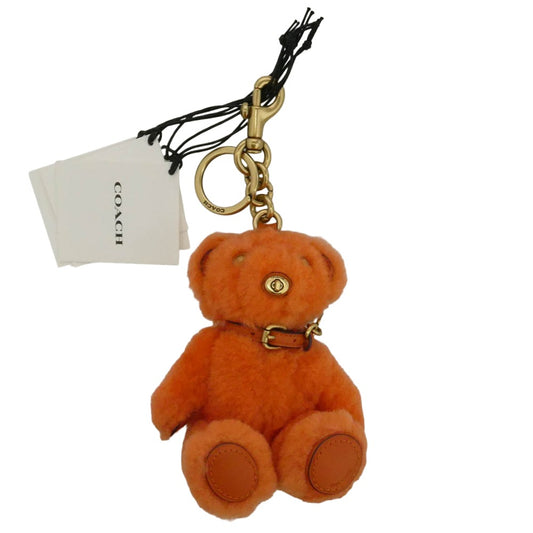 COACH コーチ 熊 ベア シグネチャーシアリング バッグチャーム レザー 革 ロゴ キーリング キーホルダー オレンジ系【美品】【中古】